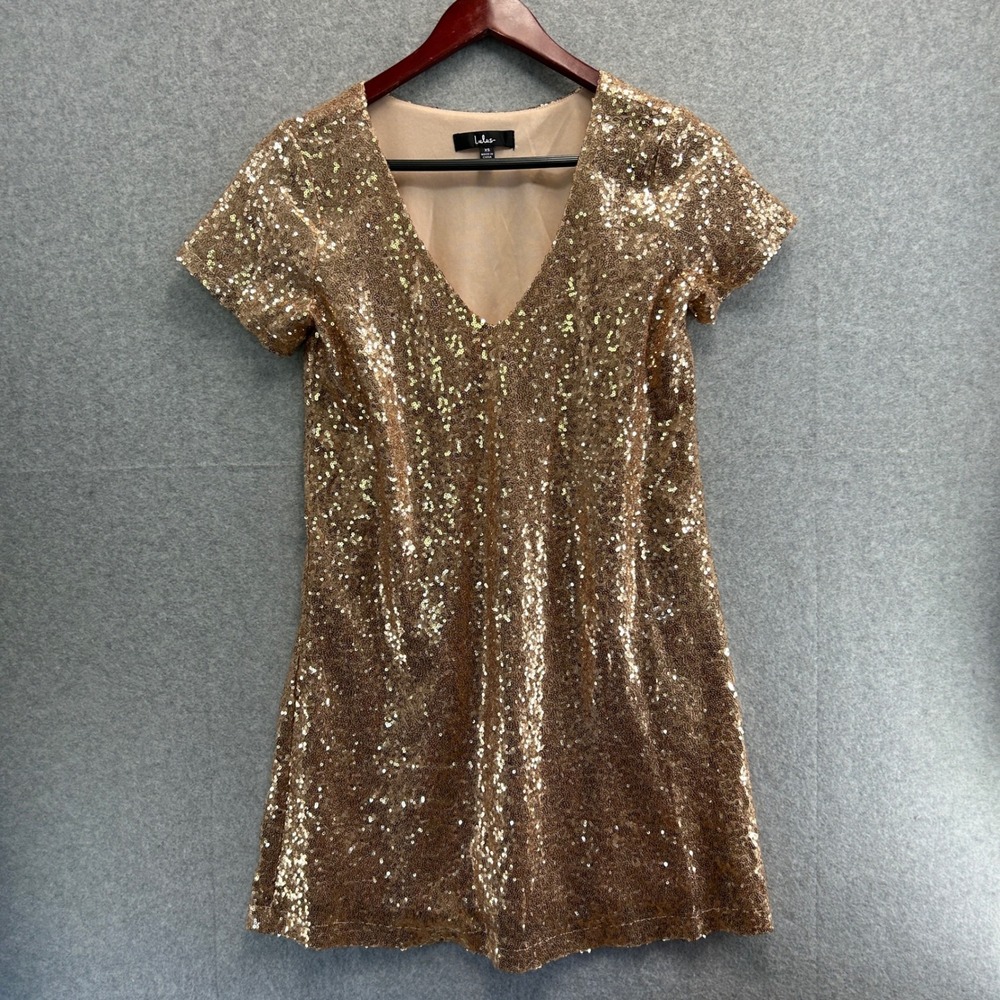 Lulus XS Mini Dress Gold Sequin V-Neck Short Sleeve Party Glam Disco Holiday